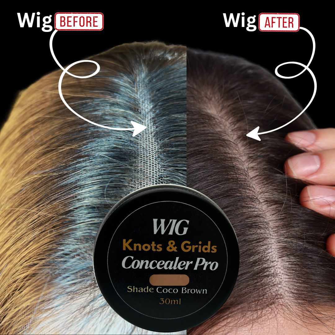 Before and after results using Honey Glow HD lace wig hole cover concealer with natural scalp effect
