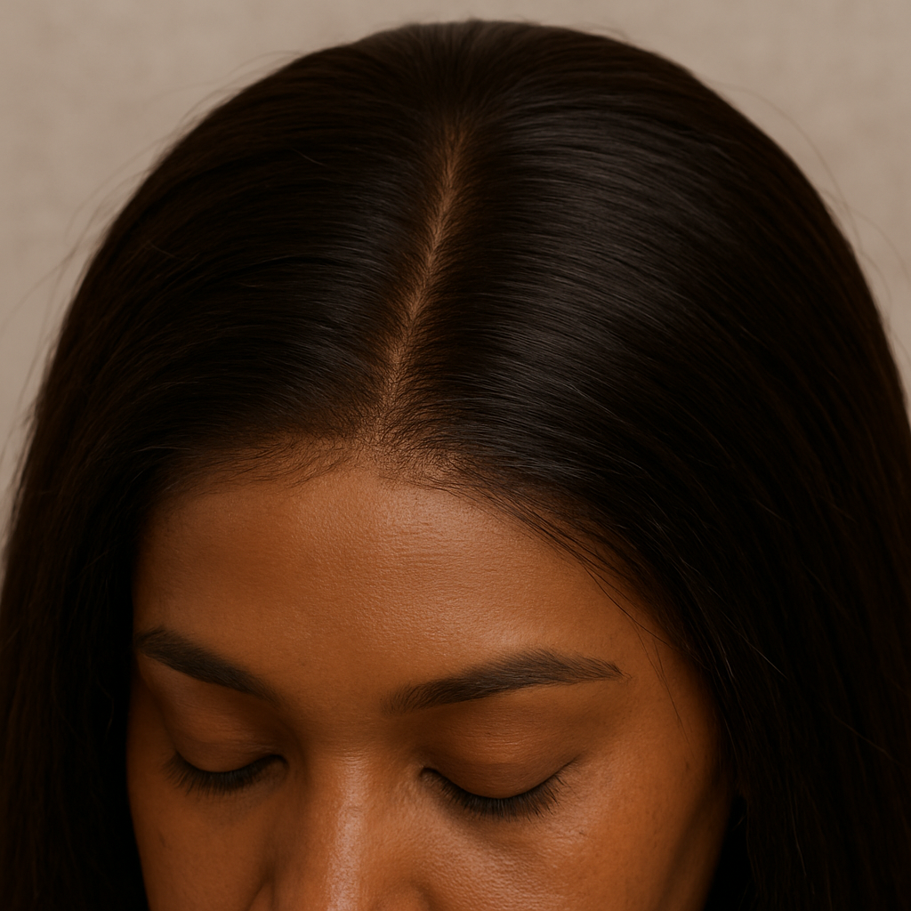 Close-up of lace wig knots concealed with cocoa brown concealer